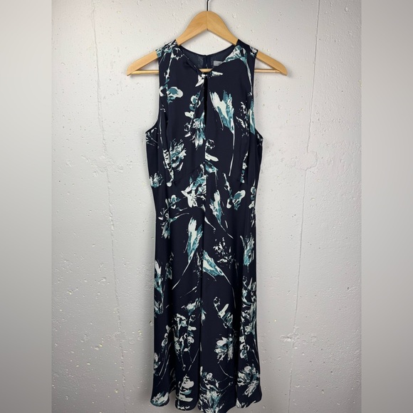 Classiques Entier Womens Navy Floral Sleeveless keyhole Silk A-line Midi dress 6 - Picture 2 of 16